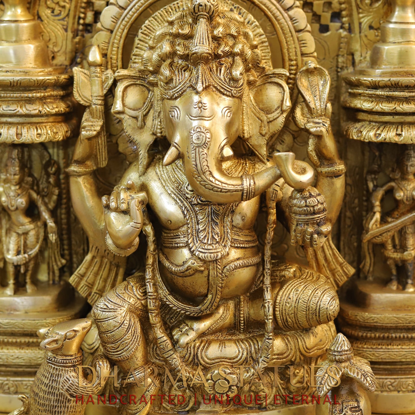 Brass Laxshmi & Ganesh Seated in Temple with rat, Special Gold, 18.5"