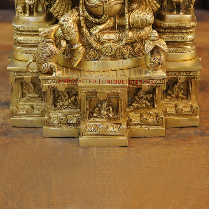 Brass Ganesh seated in Temple with rat And Kalash, Special Gold, 18.5"