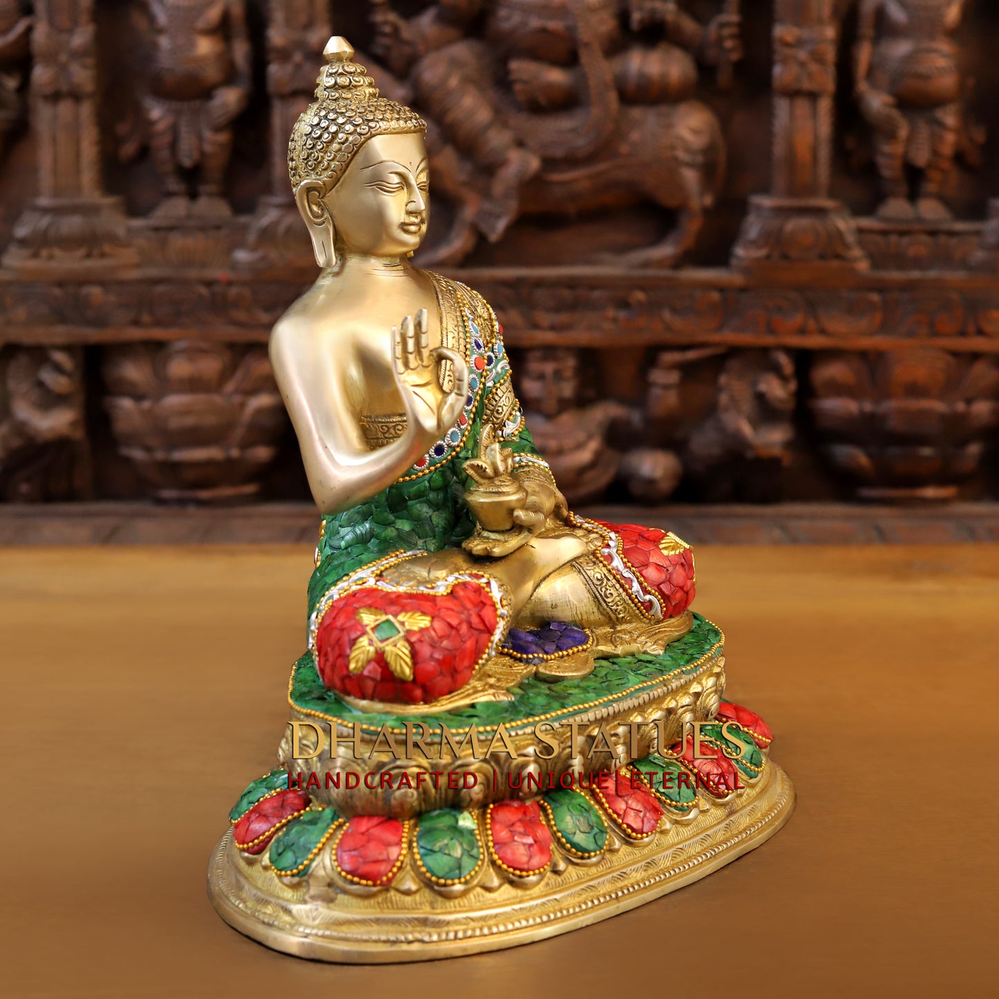 Brass Buddha seated in Blessing Posture, Stonework & Golden Finish, 13"