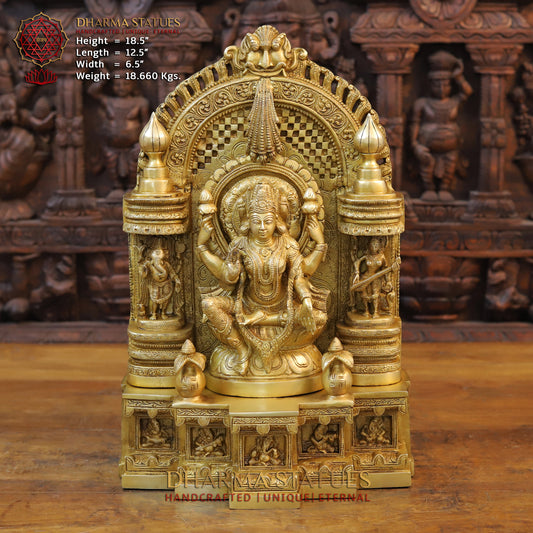 Brass Lakshmi Seated in Temple with Ganesh & Saraswati, Special Gold, 18.5"