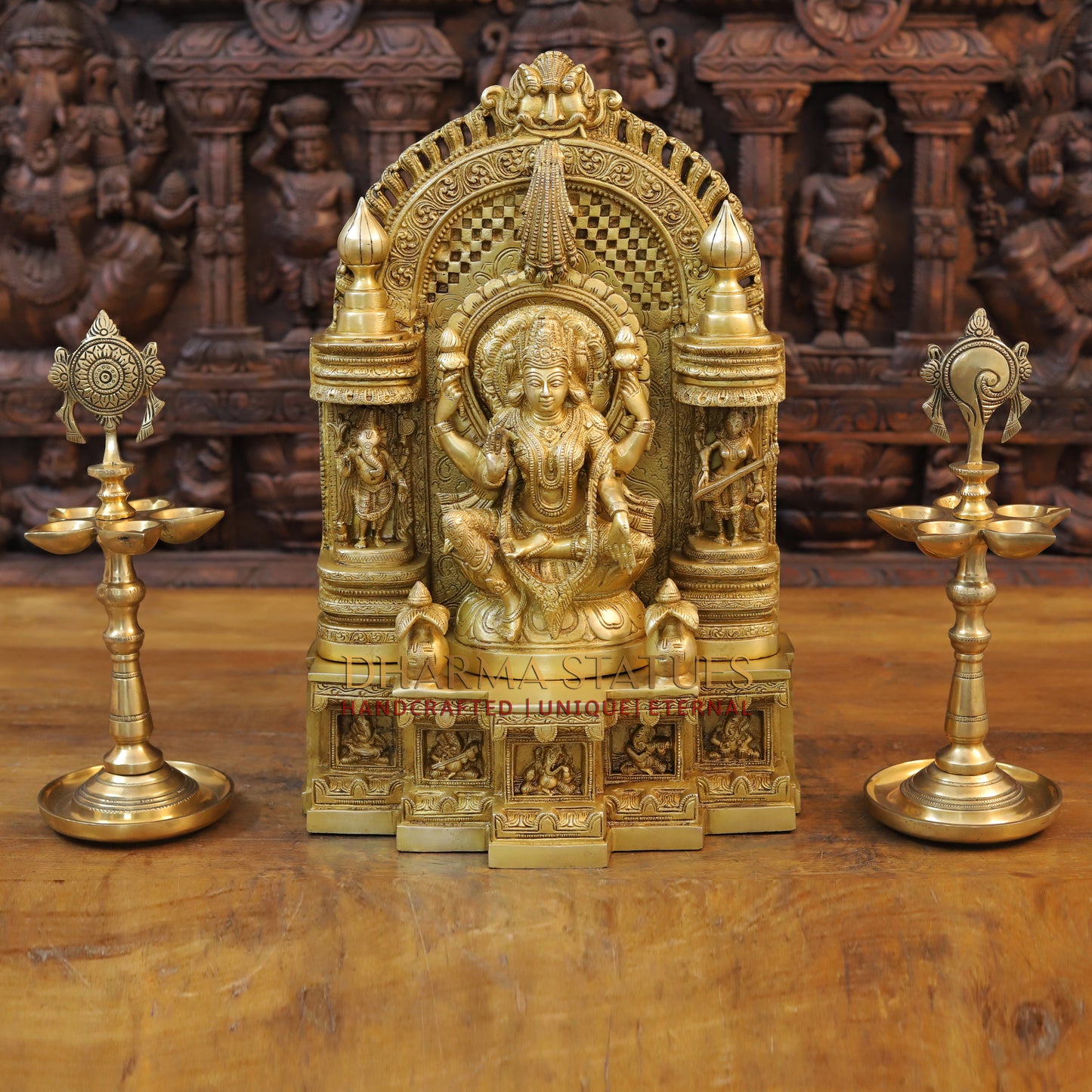 Brass Lakshmi Seated in Temple with Ganesh & Saraswati, Special Gold, 18.5"