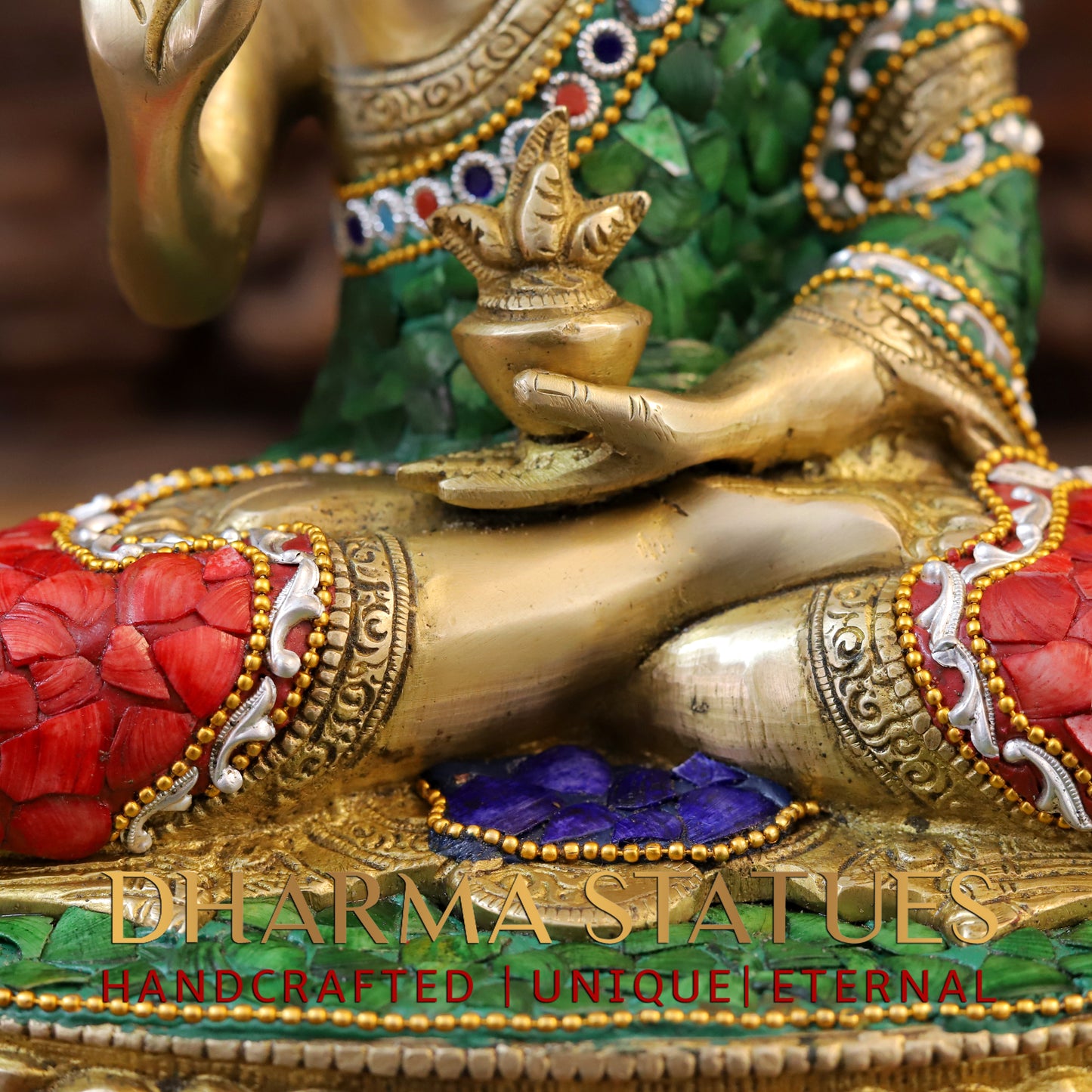 Brass Buddha seated in Blessing Posture, Stonework & Golden Finish, 13"
