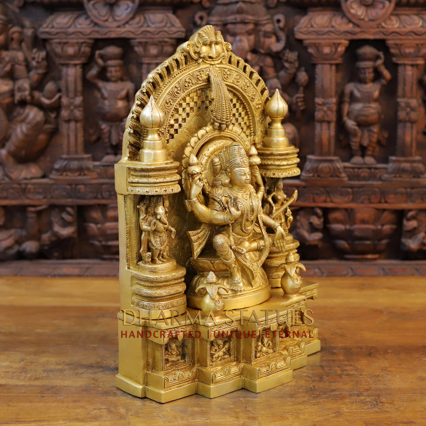 Brass Lakshmi Seated in Temple with Ganesh & Saraswati, Special Gold, 18.5"