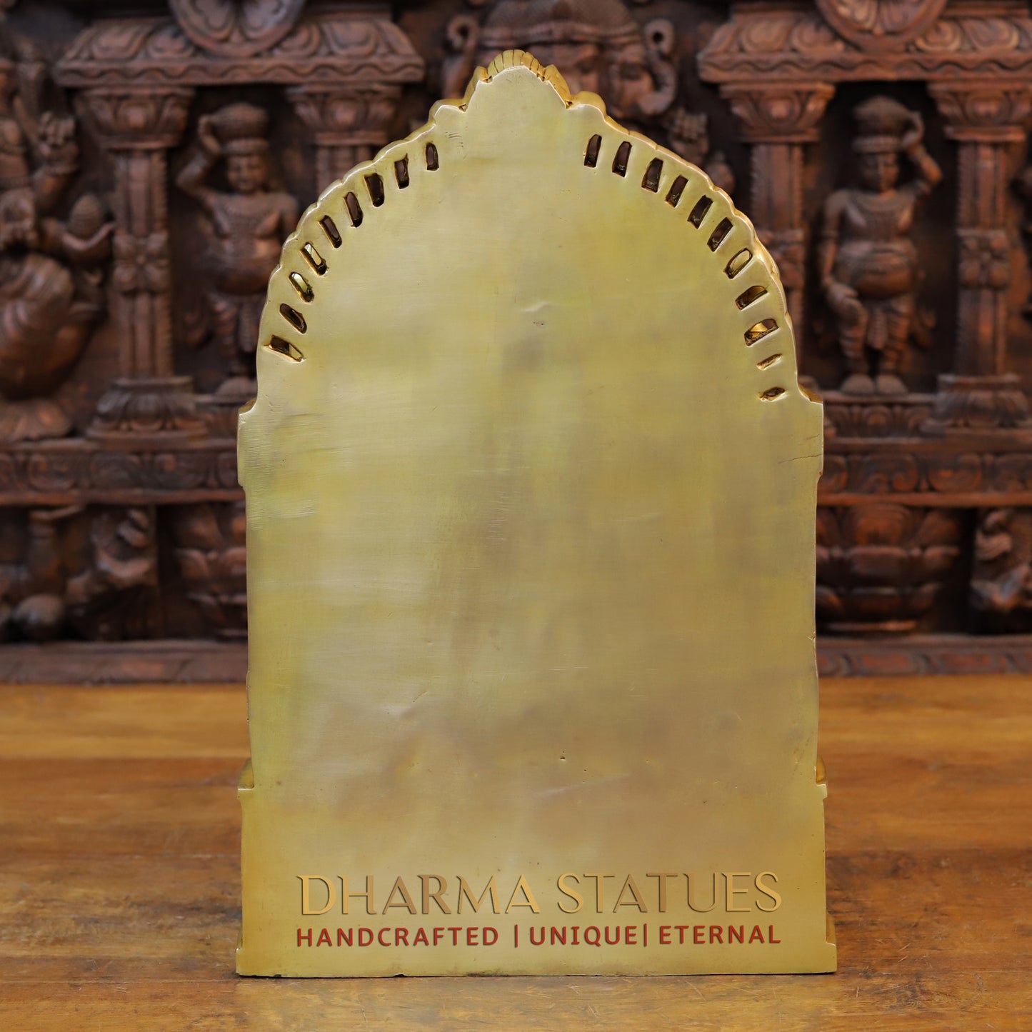 Brass Lakshmi Seated in Temple with Ganesh & Saraswati, Special Gold, 18.5"