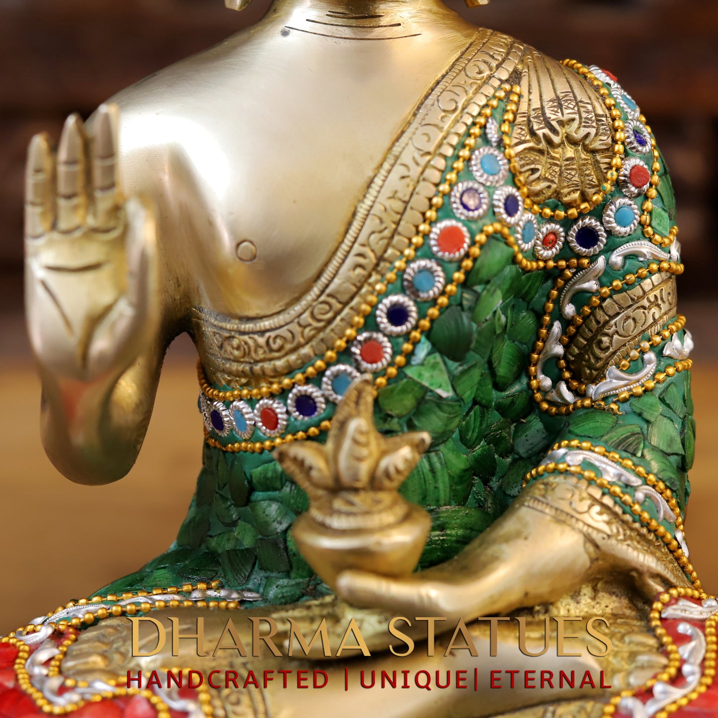 Brass Buddha seated in Blessing Posture, Stonework & Golden Finish, 13"