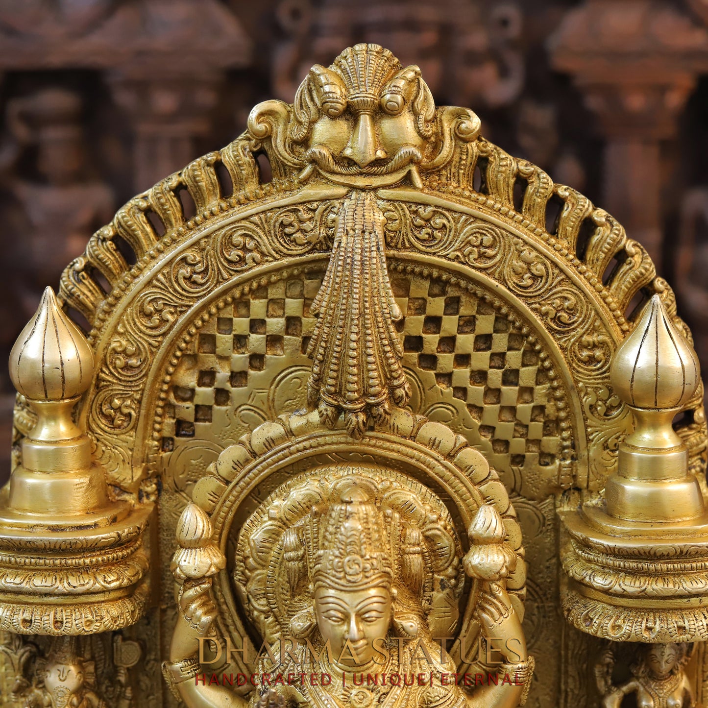 Brass Lakshmi Seated in Temple with Ganesh & Saraswati, Special Gold, 18.5"