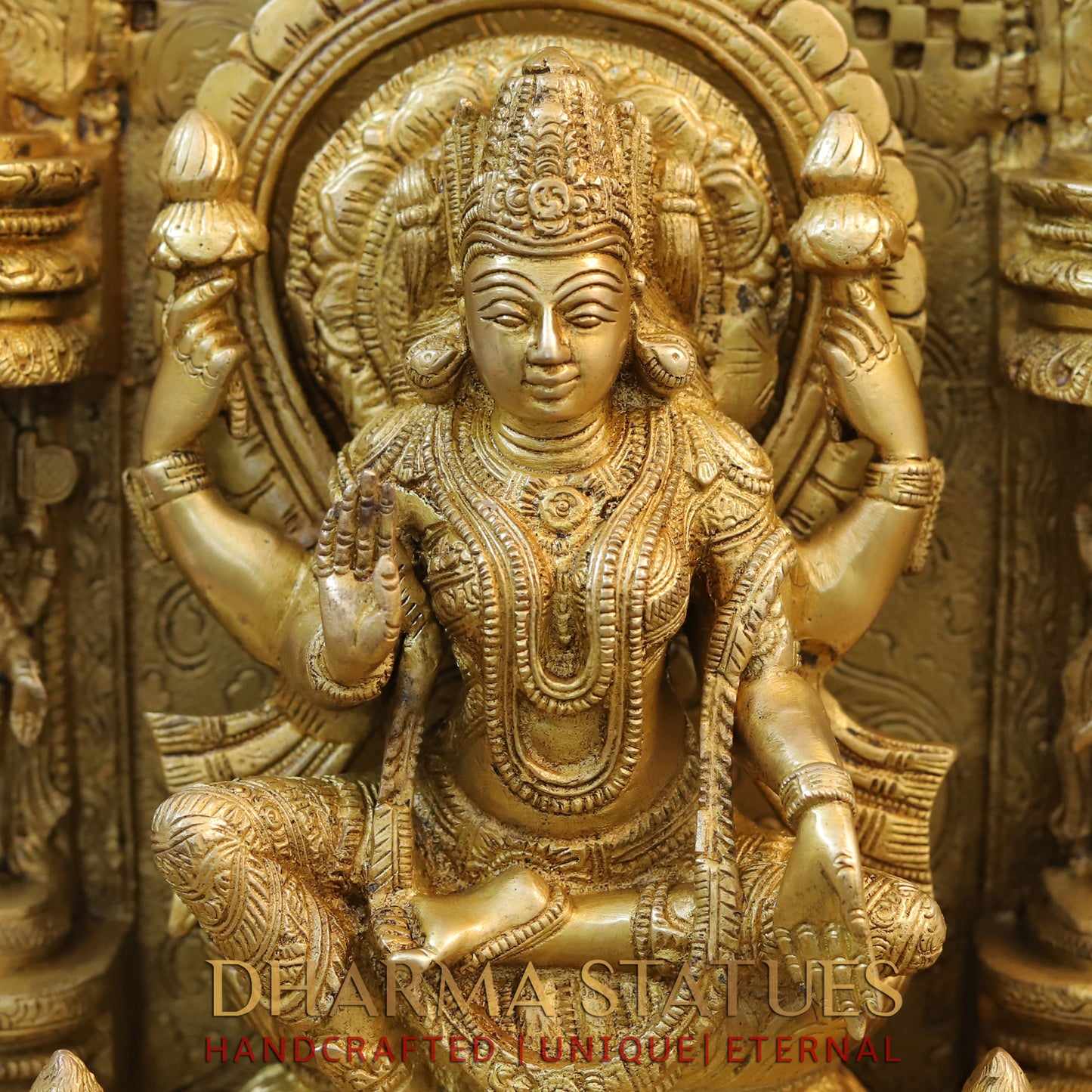 Brass Lakshmi Seated in Temple with Ganesh & Saraswati, Special Gold, 18.5"