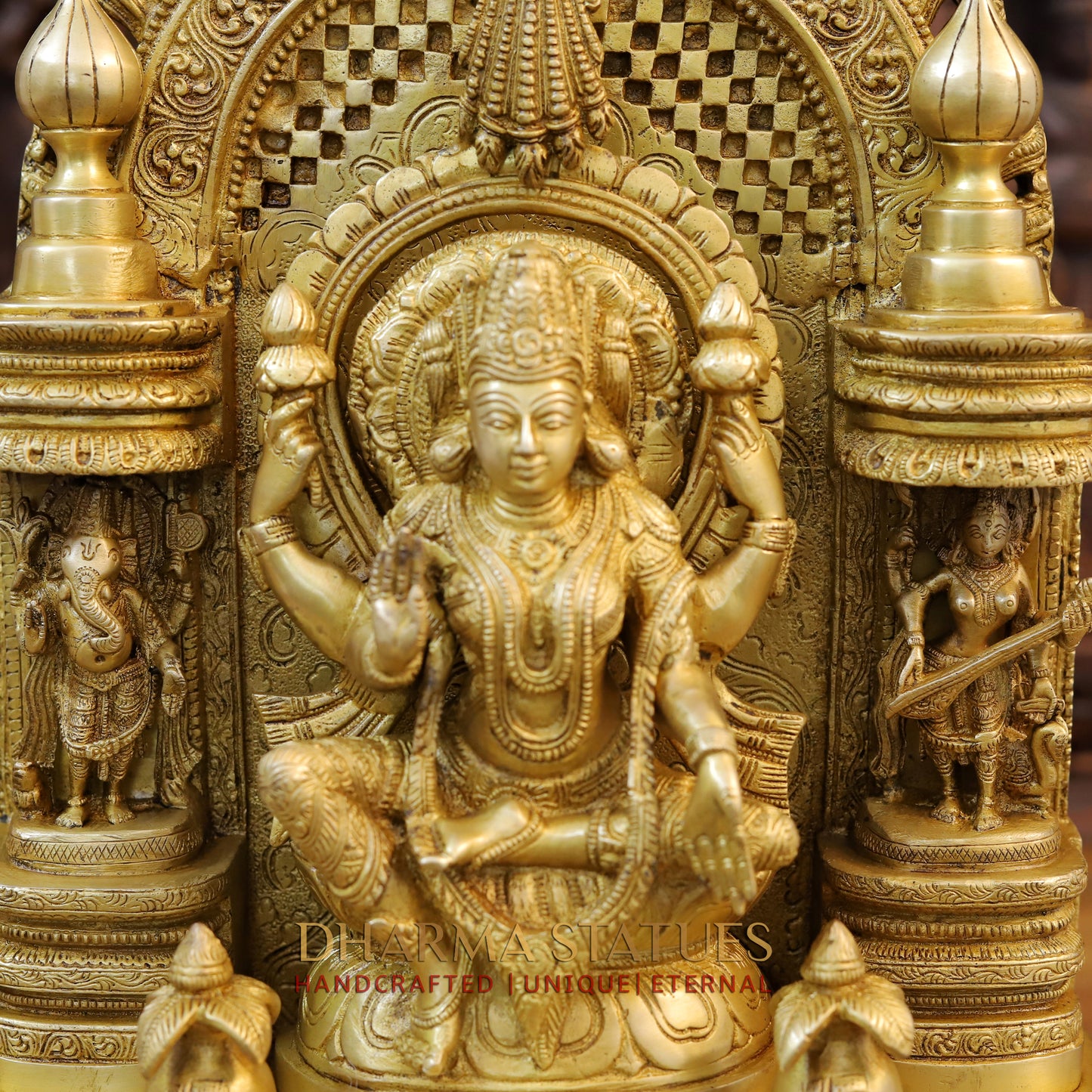 Brass Lakshmi Seated in Temple with Ganesh & Saraswati, Special Gold, 18.5"