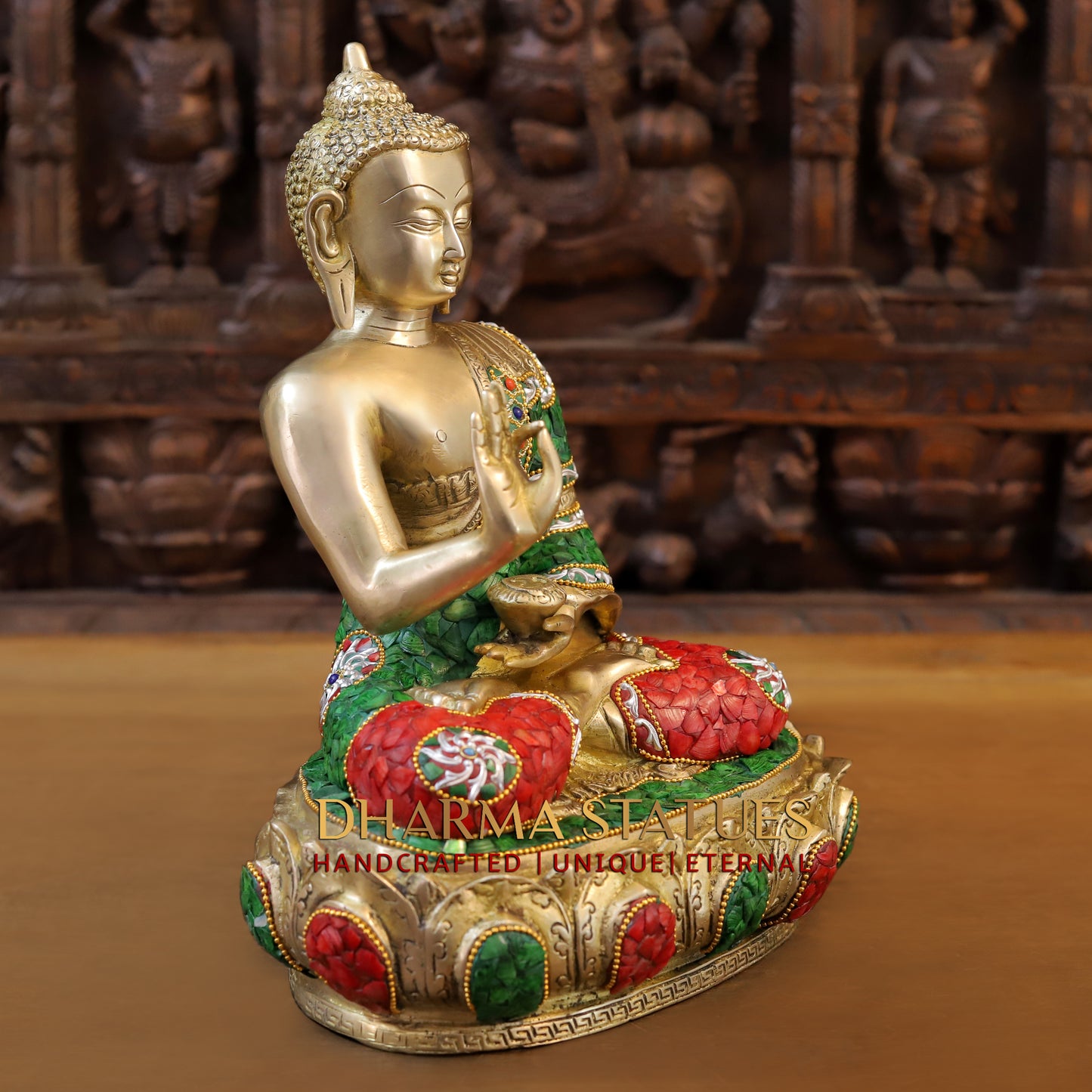 Brass Buddha seated in Blessing Posture, Stonework & Golden Finish, 14"