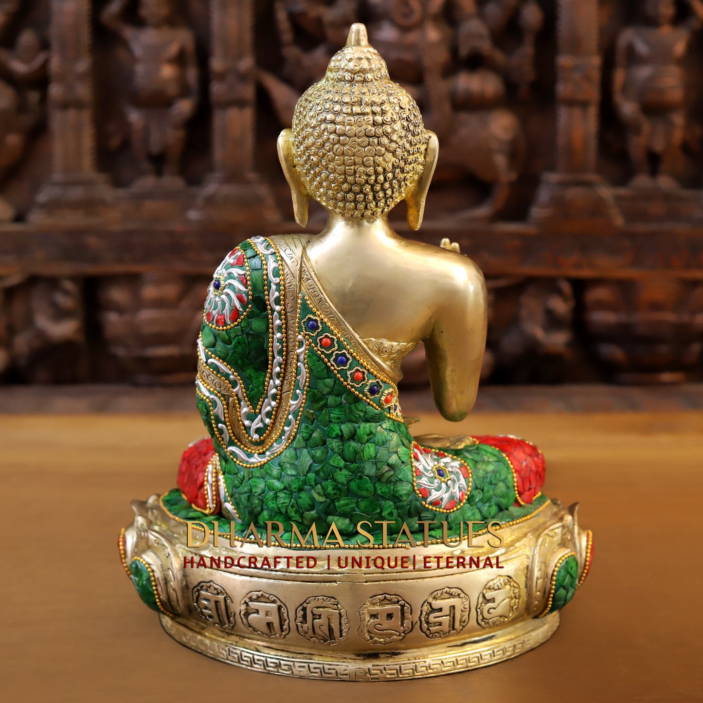 Brass Buddha seated in Blessing Posture, Stonework & Golden Finish, 14"