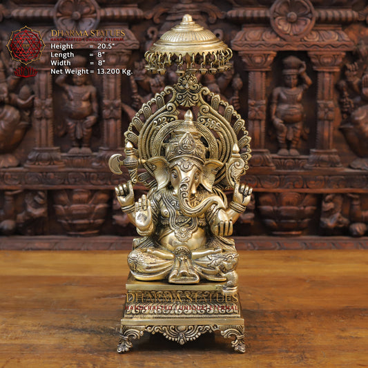 Brass Ganesh Seated on Chowki with Frame, Golden Finish, 20.5"