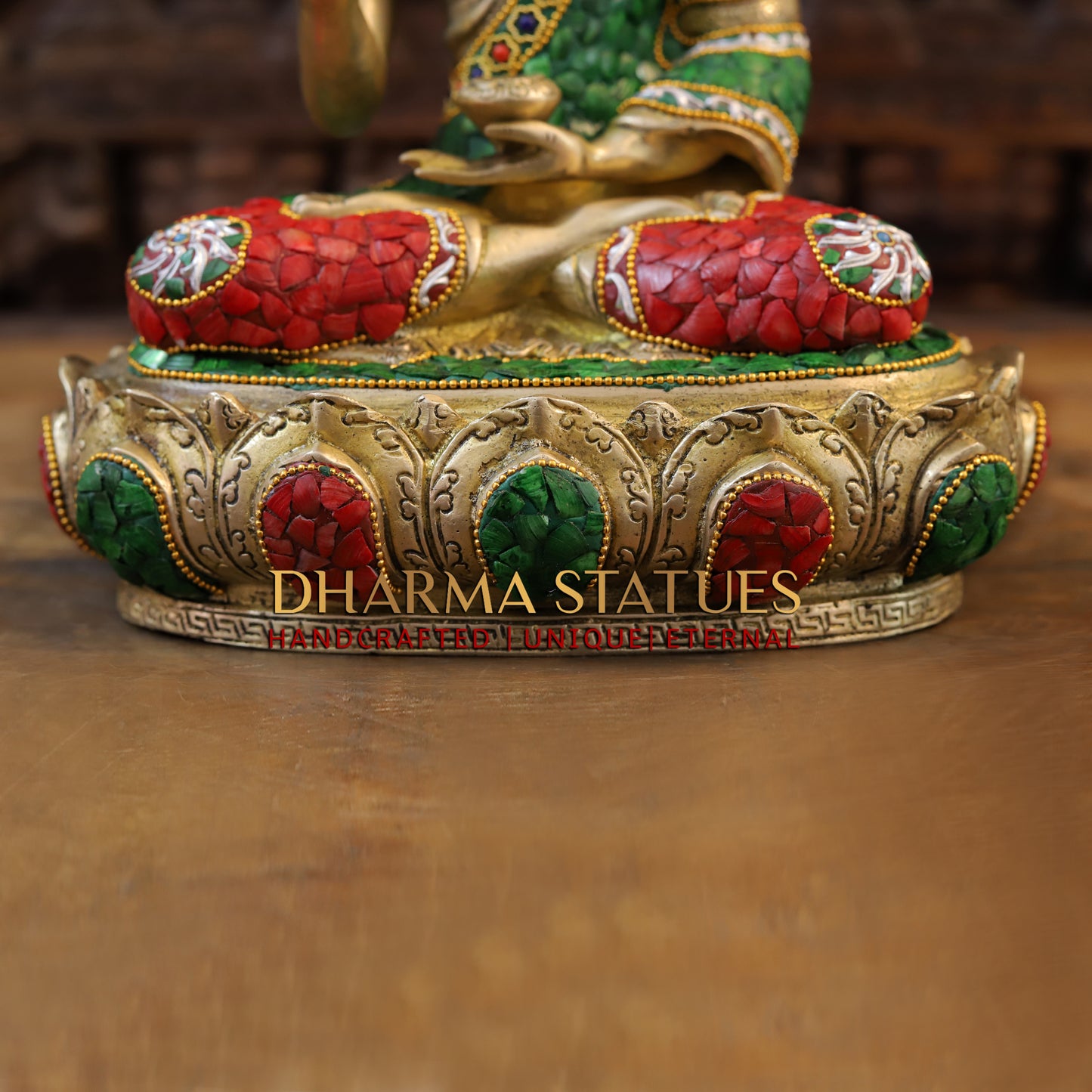 Brass Buddha seated in Blessing Posture, Stonework & Golden Finish, 14"