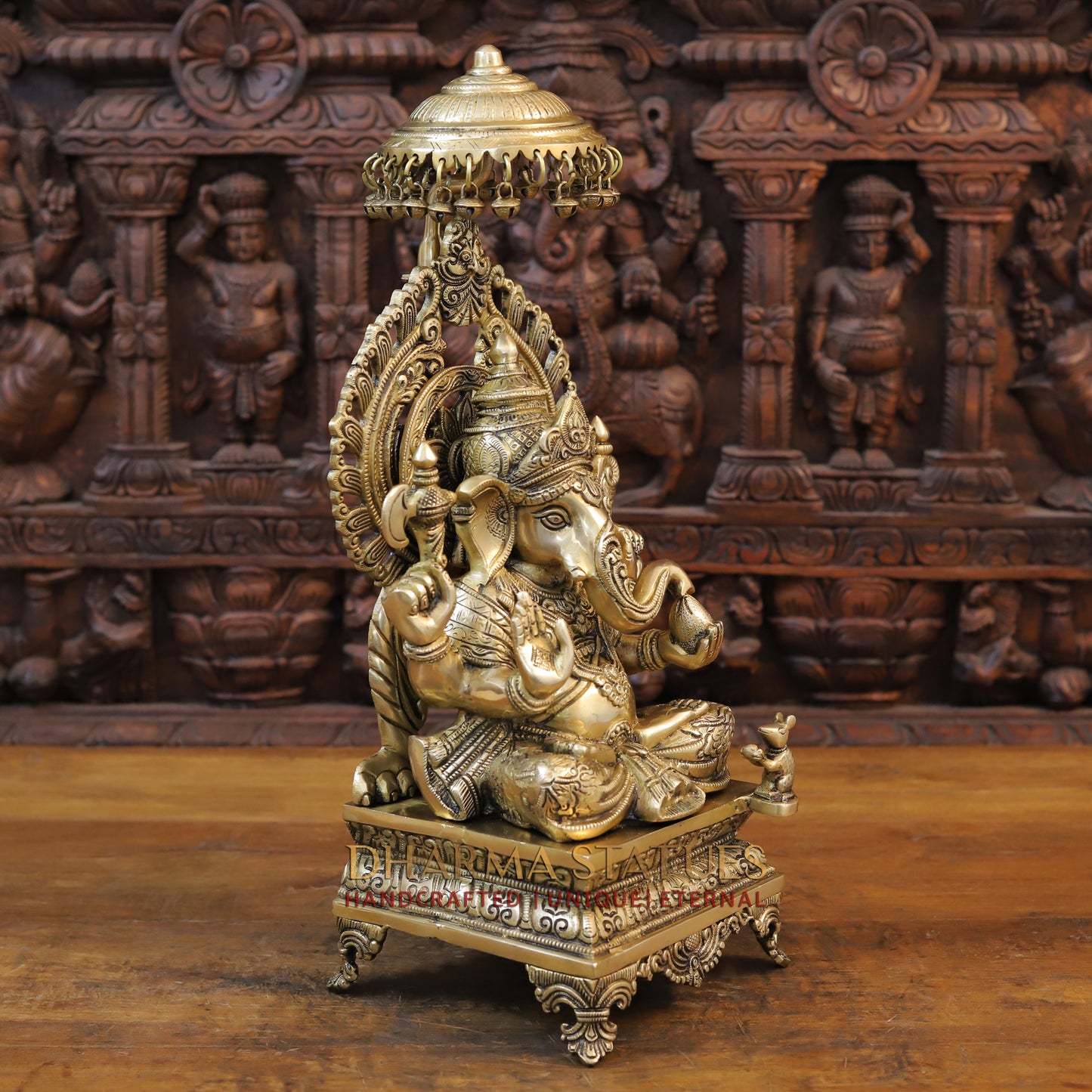Brass Ganesh Seated on Chowki with Frame, Golden Finish, 20.5"