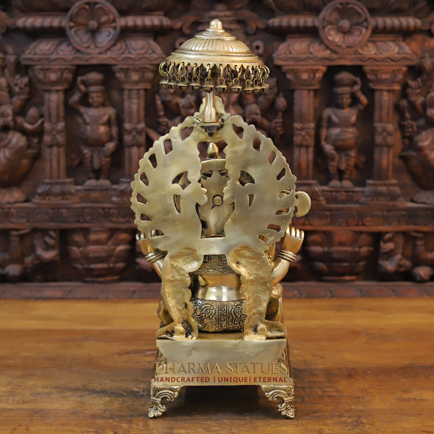 Brass Ganesh Seated on Chowki with Frame, Golden Finish, 20.5"