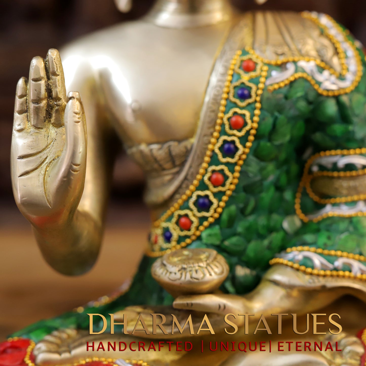 Brass Buddha seated in Blessing Posture, Stonework & Golden Finish, 14"