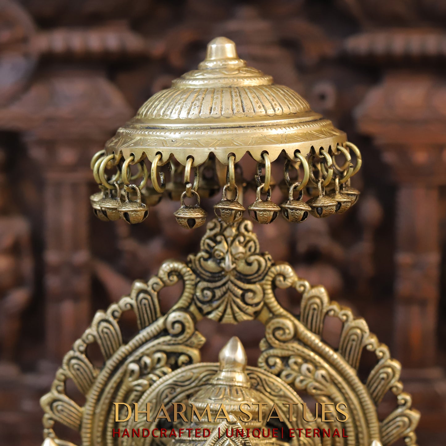 Brass Ganesh Seated on Chowki with Frame, Golden Finish, 20.5"