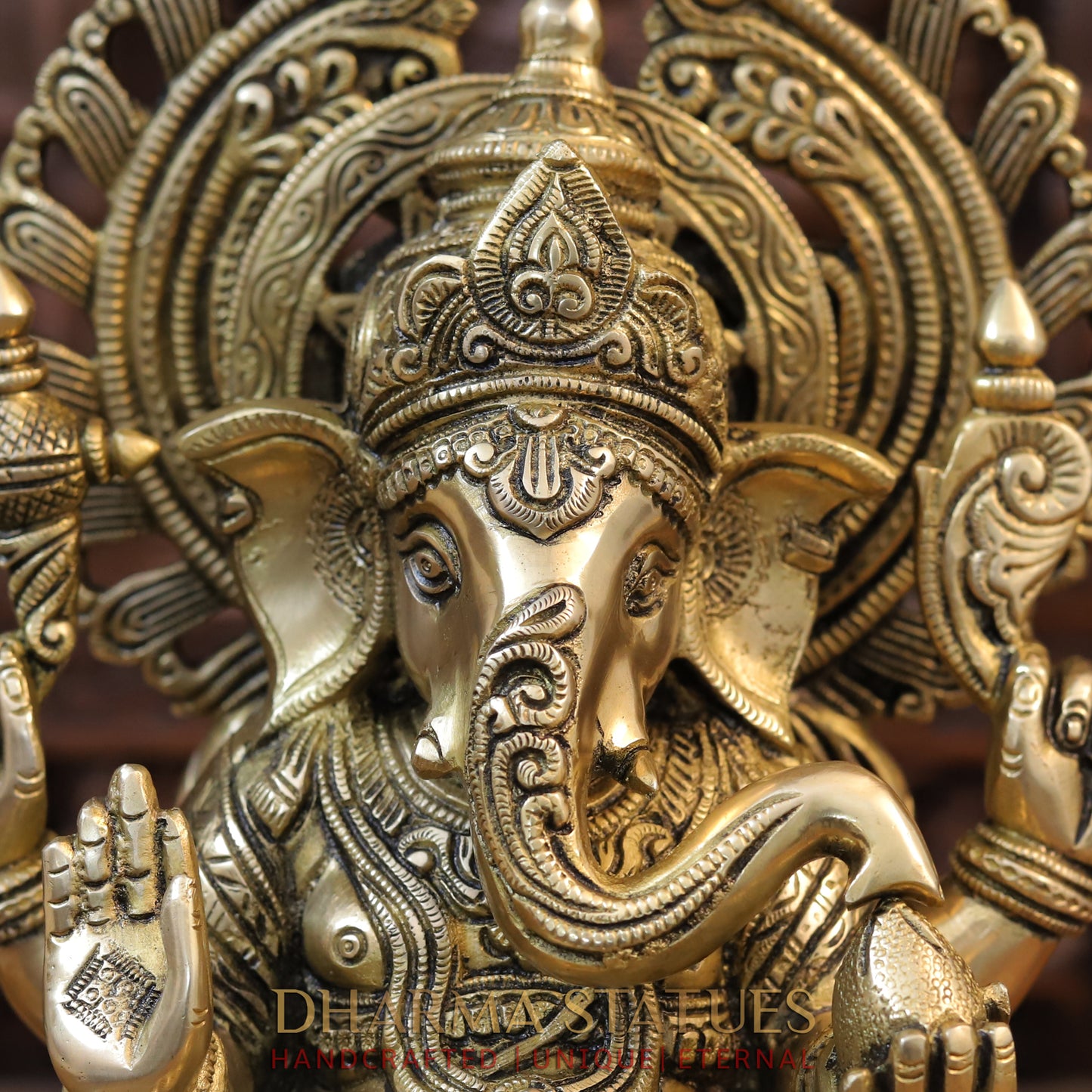 Brass Ganesh Seated on Chowki with Frame, Golden Finish, 20.5"