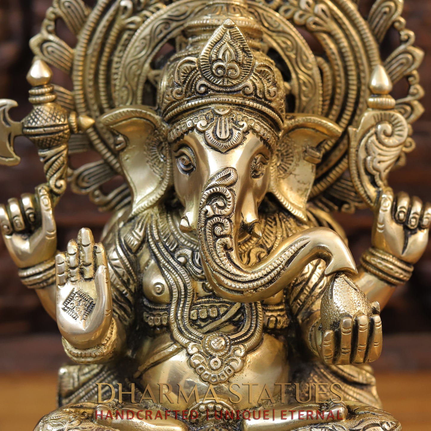 Brass Ganesh Seated on Chowki with Frame, Golden Finish, 20.5"