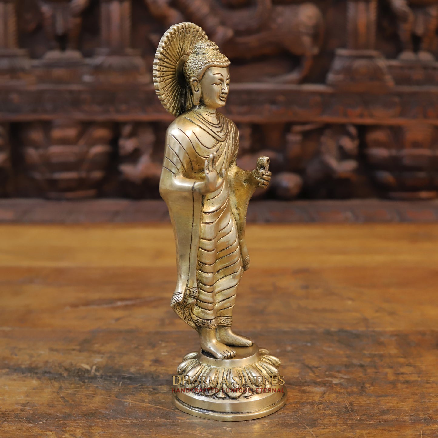 Brass Buddha Standing in Blessing Position, Gold Finish, 11.5"