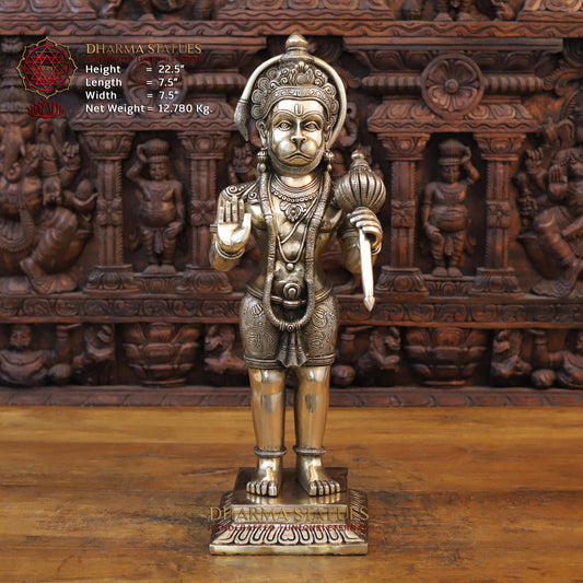 Brass Hanuman Standing in Blessing Position, Fine Gold Finish, 22.5"