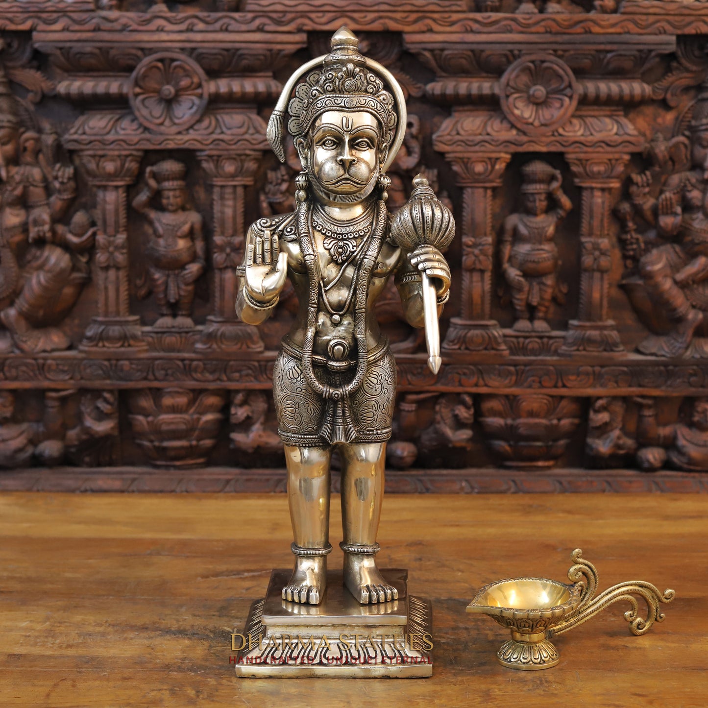 Brass Hanuman Standing in Blessing Position, Fine Gold Finish, 22.5"