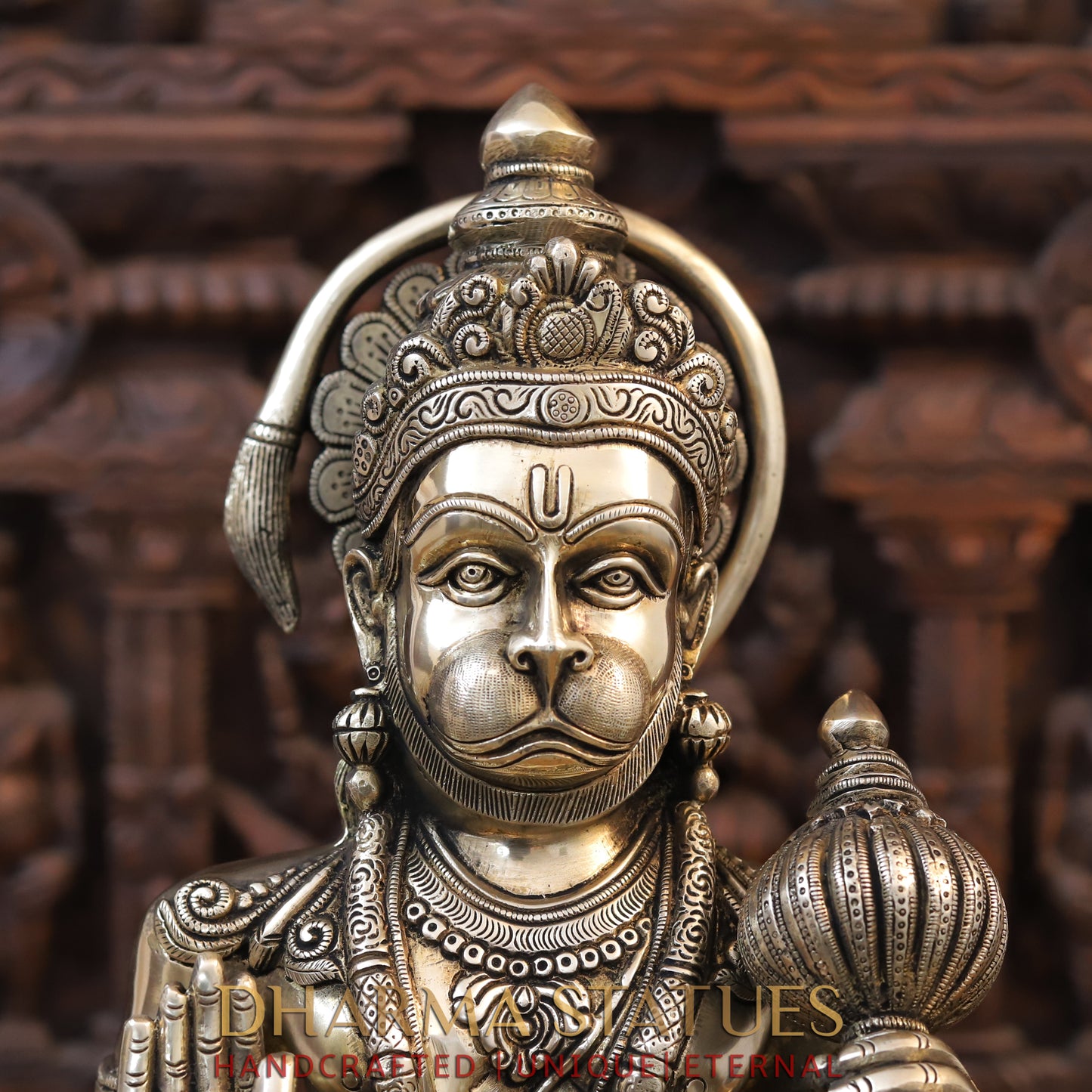 Brass Hanuman Standing in Blessing Position, Fine Gold Finish, 22.5"