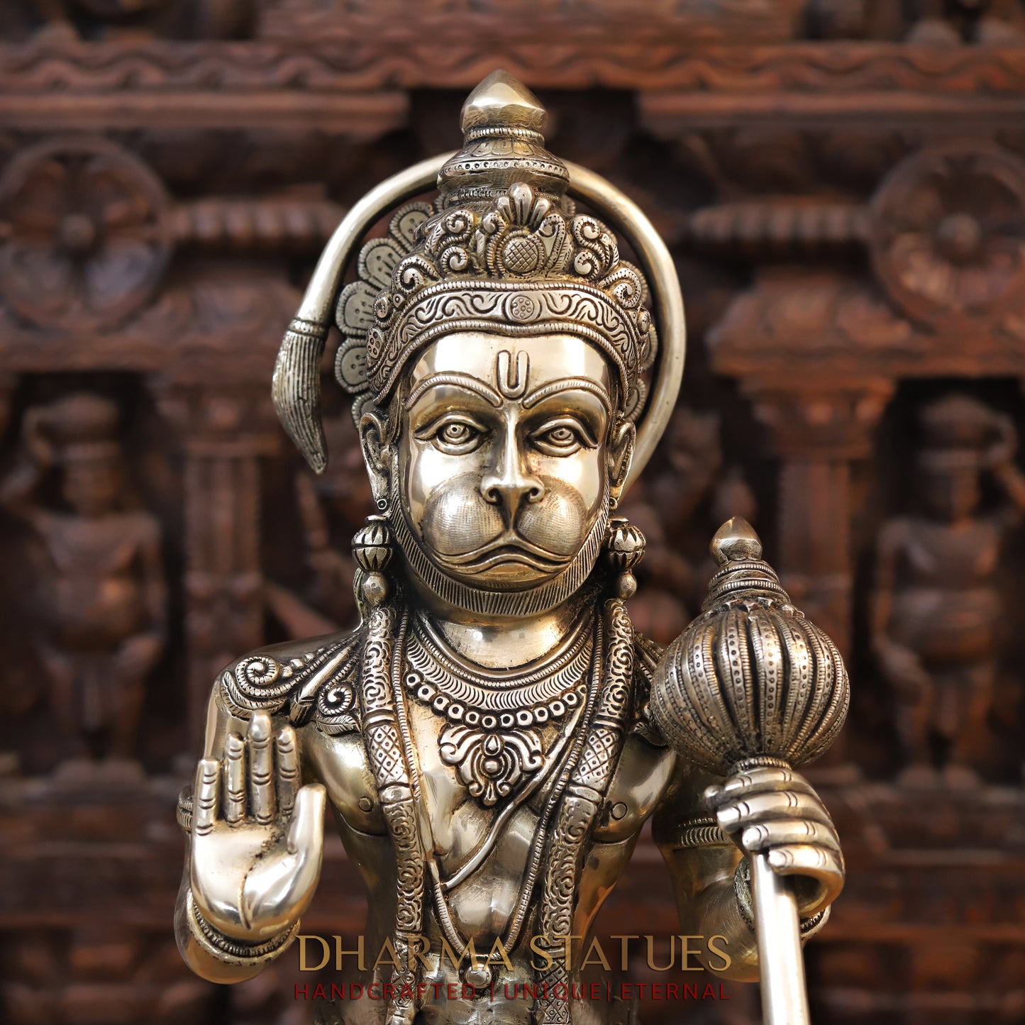 Brass Hanuman Standing in Blessing Position, Fine Gold Finish, 22.5"