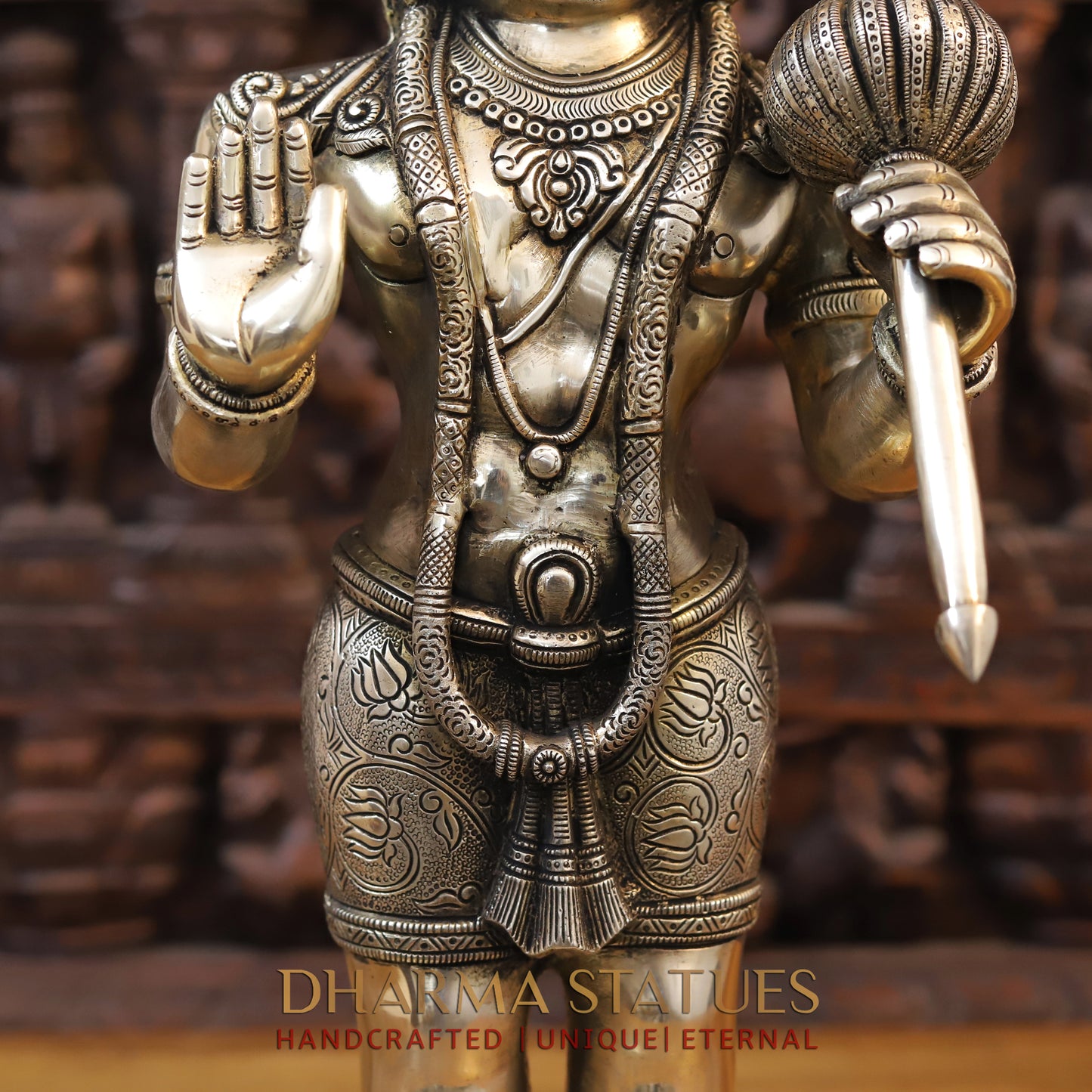 Brass Hanuman Standing in Blessing Position, Fine Gold Finish, 22.5"