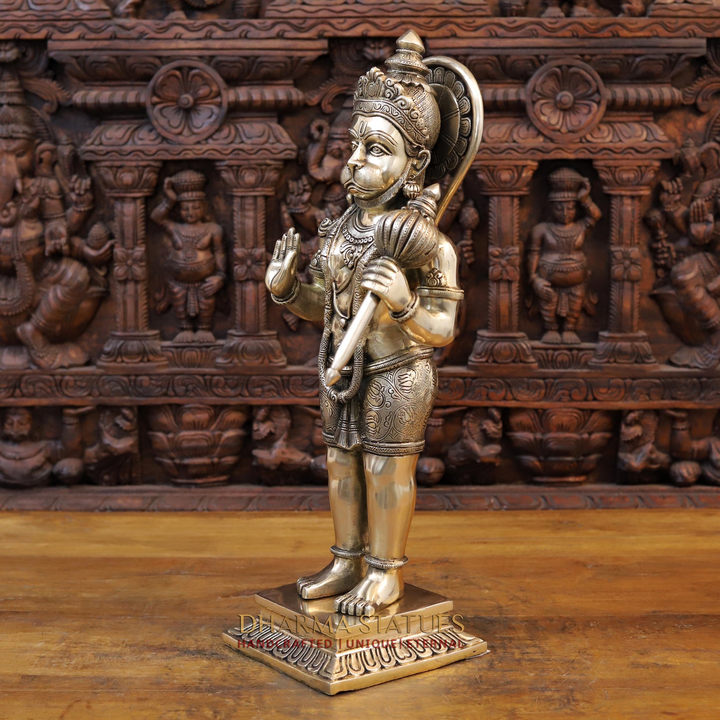 Brass Hanuman Standing in Blessing Position, Fine Gold Finish, 22.5"