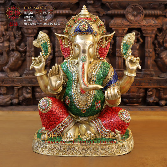 Brass Ganesh seated in Blessing Posture, Stonework & Golden Finish, 20.5"