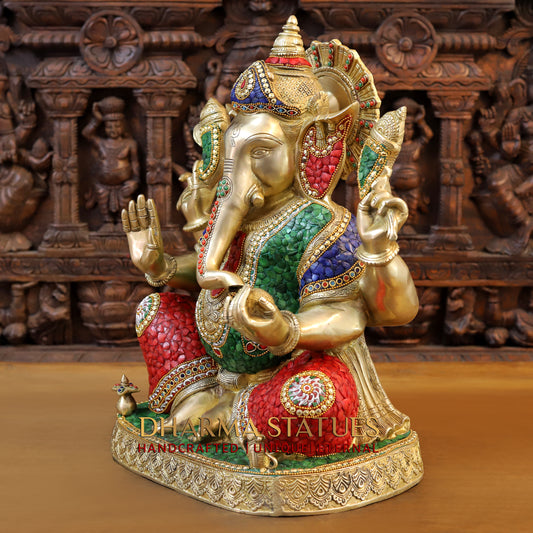 Brass Ganesh seated in Blessing Posture, Stonework & Golden Finish, 20.5"