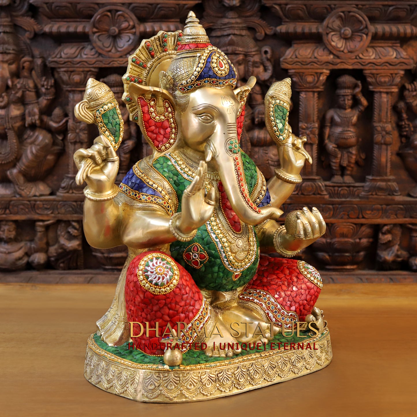 Brass Ganesh seated in Blessing Posture, Stonework & Golden Finish, 20.5"