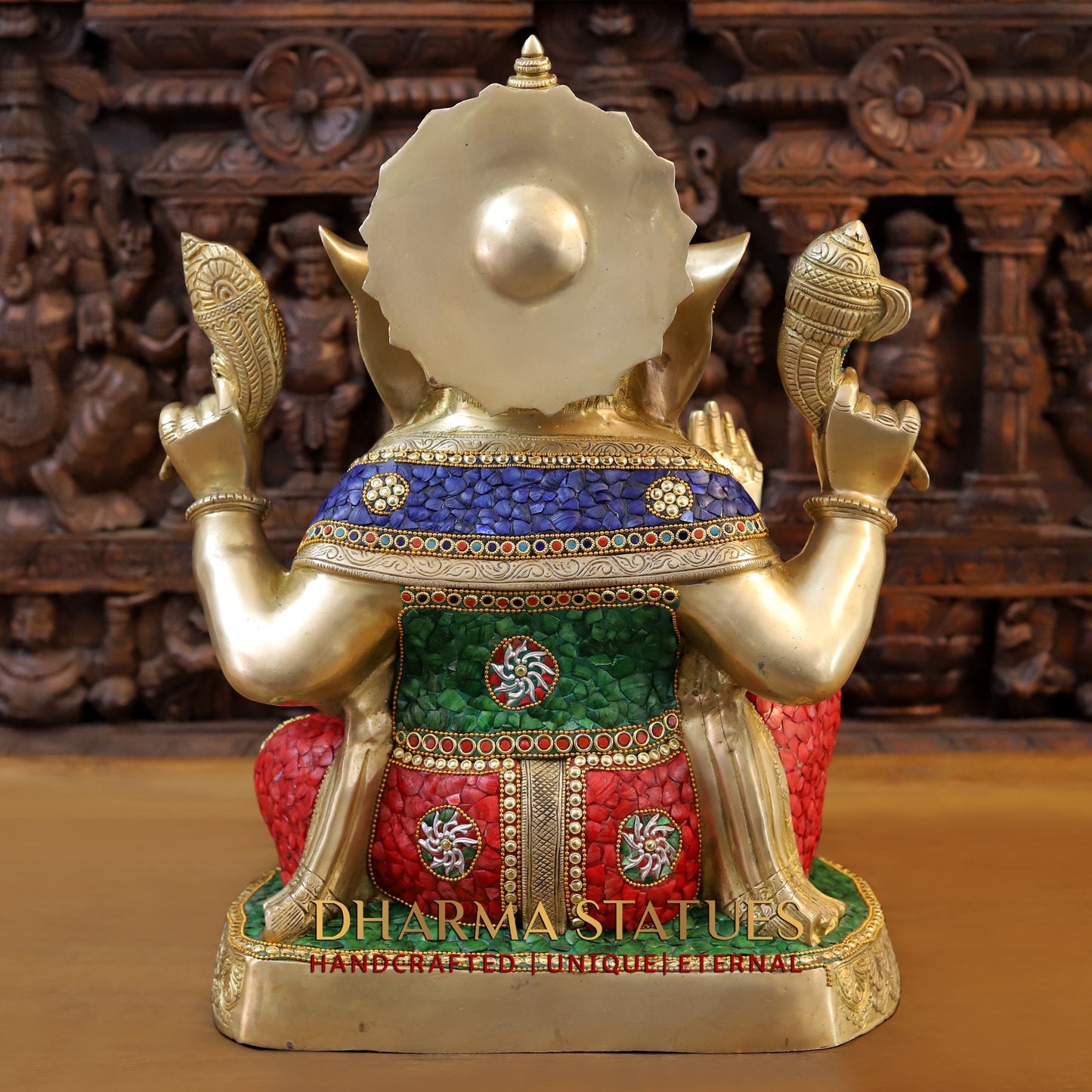 Brass Ganesh seated in Blessing Posture, Stonework & Golden Finish, 20.5"