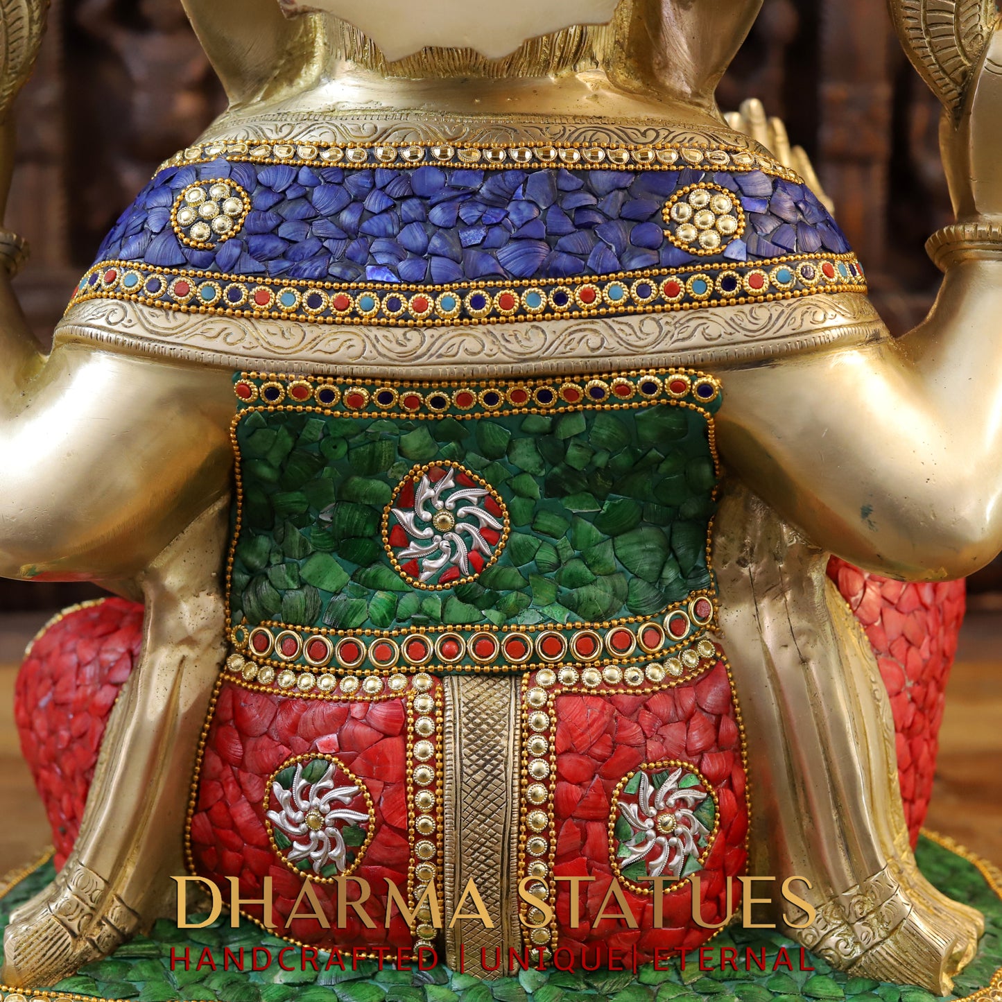 Brass Ganesh seated in Blessing Posture, Stonework & Golden Finish, 20.5"