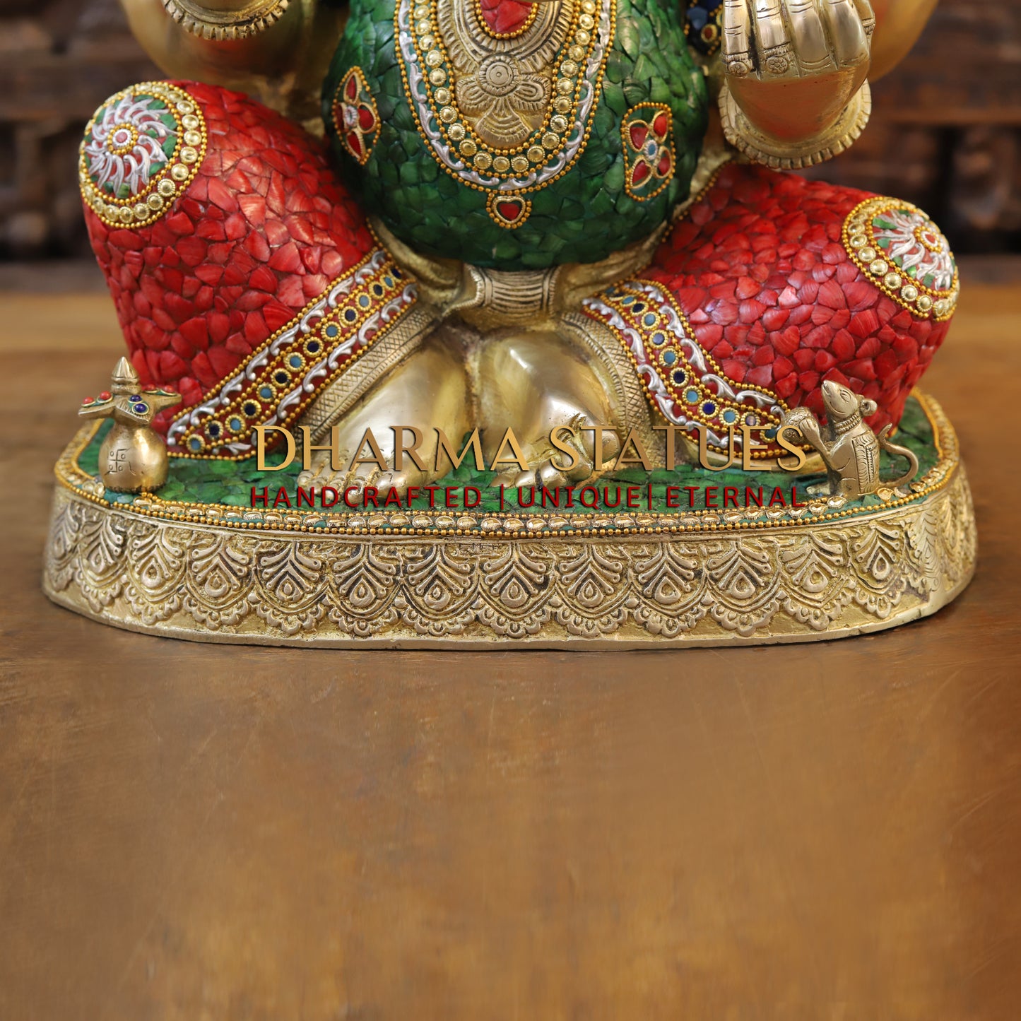 Brass Ganesh seated in Blessing Posture, Stonework & Golden Finish, 20.5"