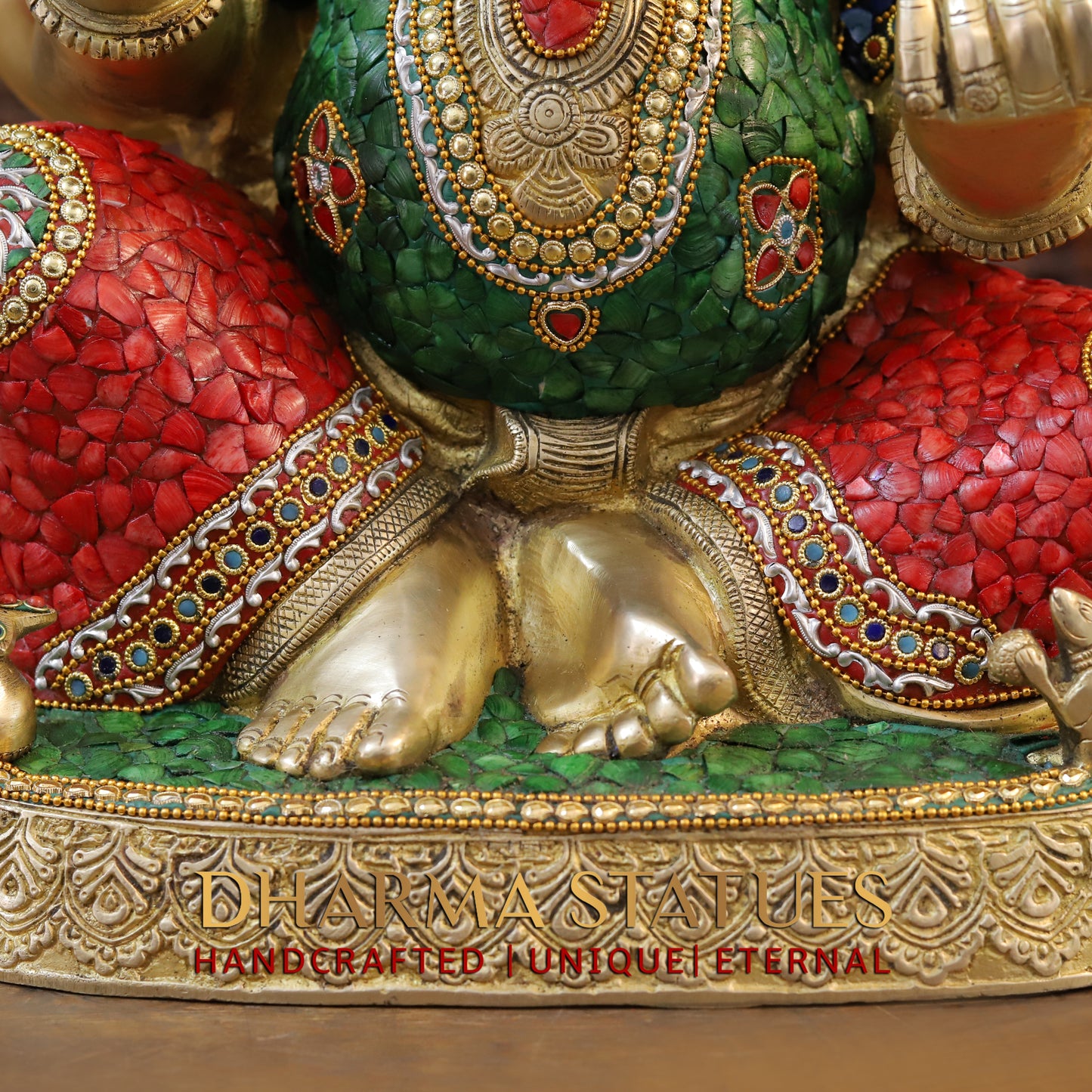 Brass Ganesh seated in Blessing Posture, Stonework & Golden Finish, 20.5"