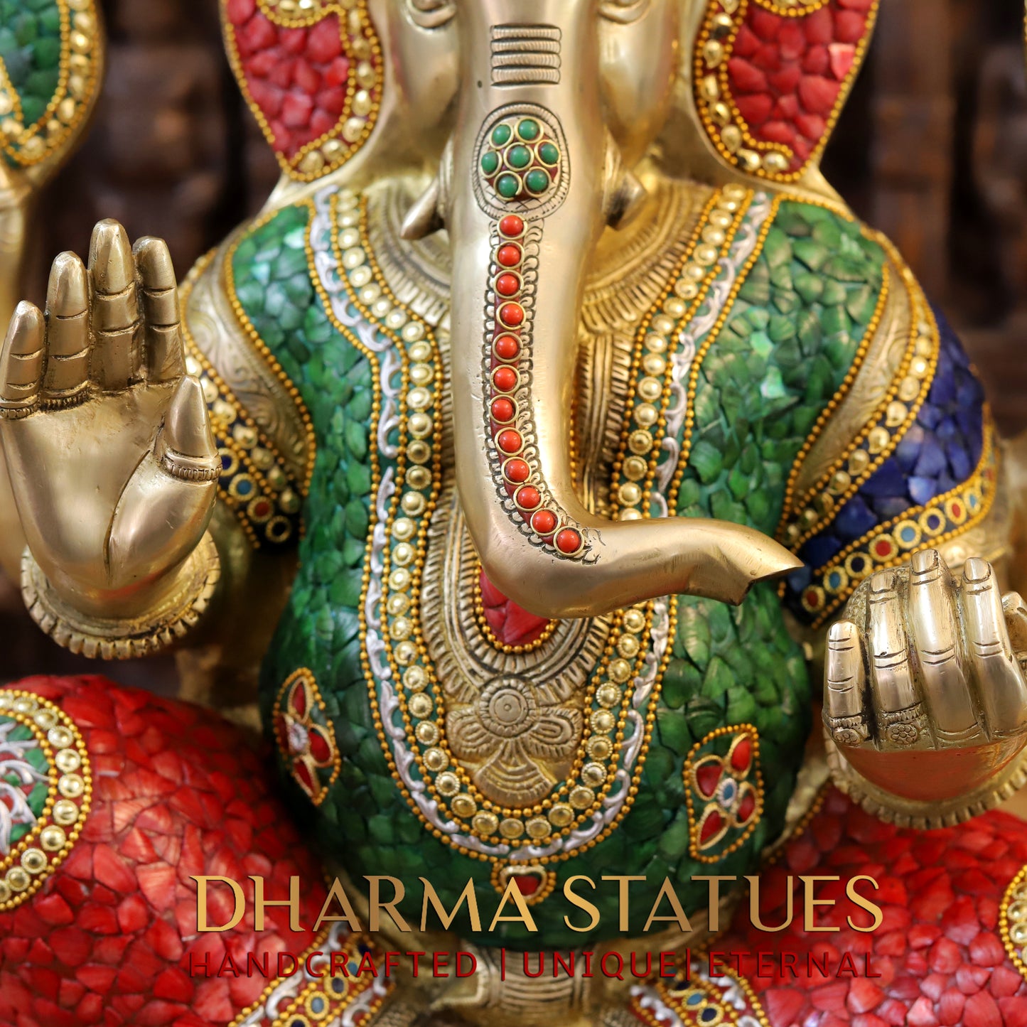 Brass Ganesh seated in Blessing Posture, Stonework & Golden Finish, 20.5"
