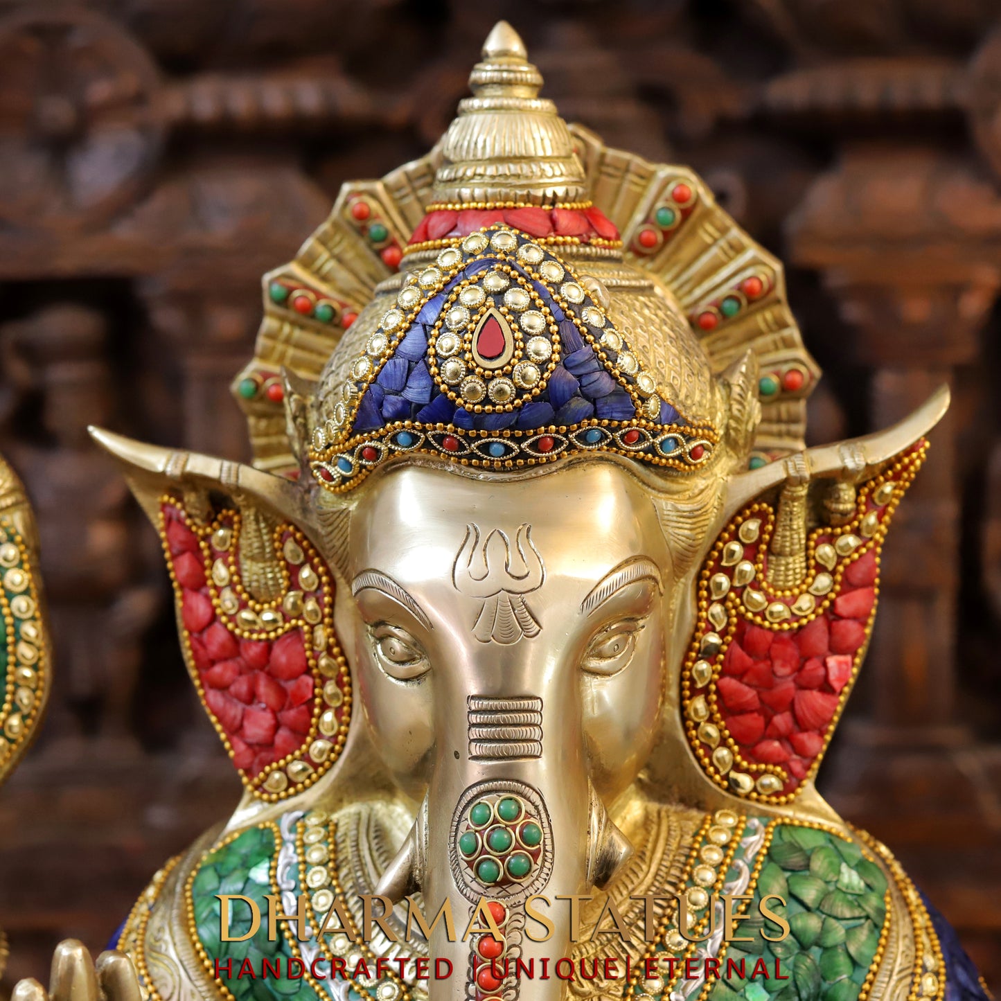 Brass Ganesh seated in Blessing Posture, Stonework & Golden Finish, 20.5"