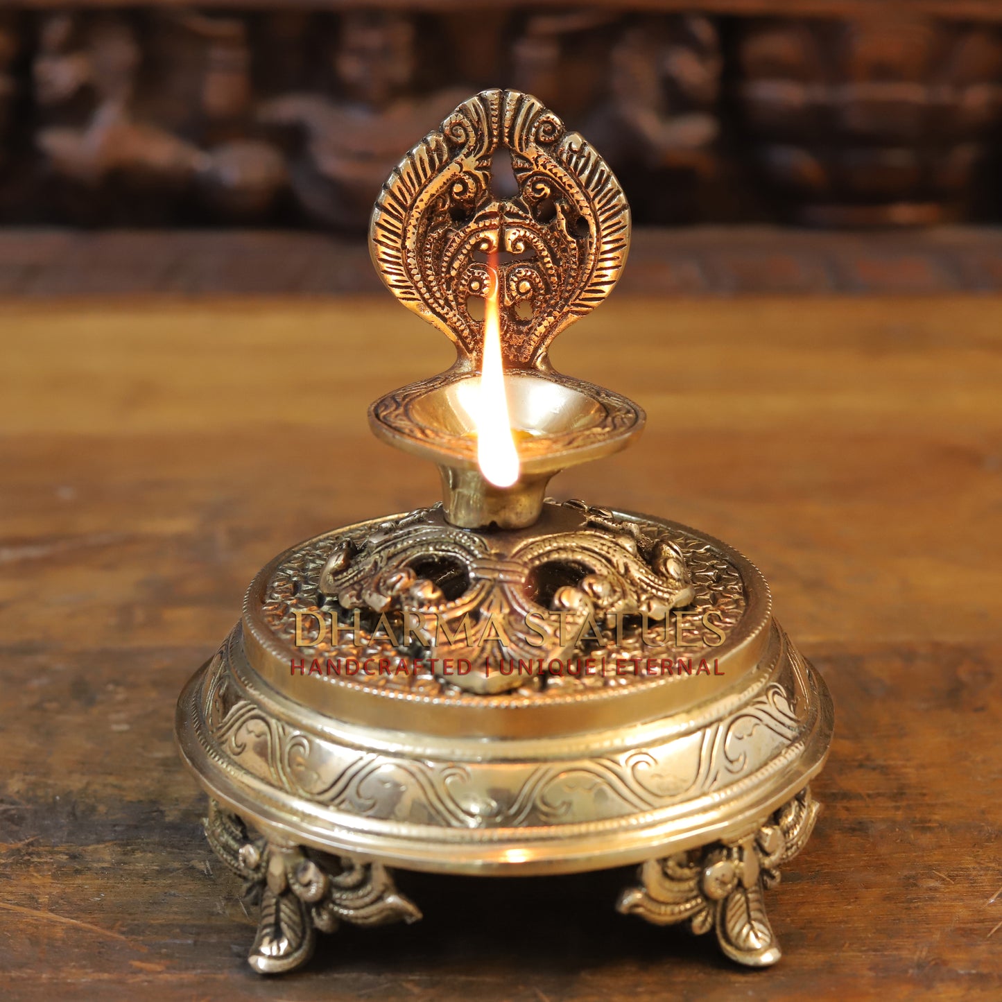 Brass Golden Diya Lamp on Pedestal, Golden Finish, 5.5"