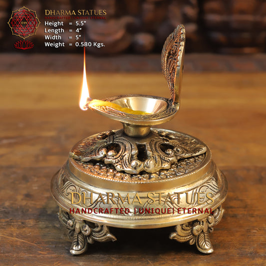 Brass Golden Diya Lamp on Pedestal, Golden Finish, 5.5"