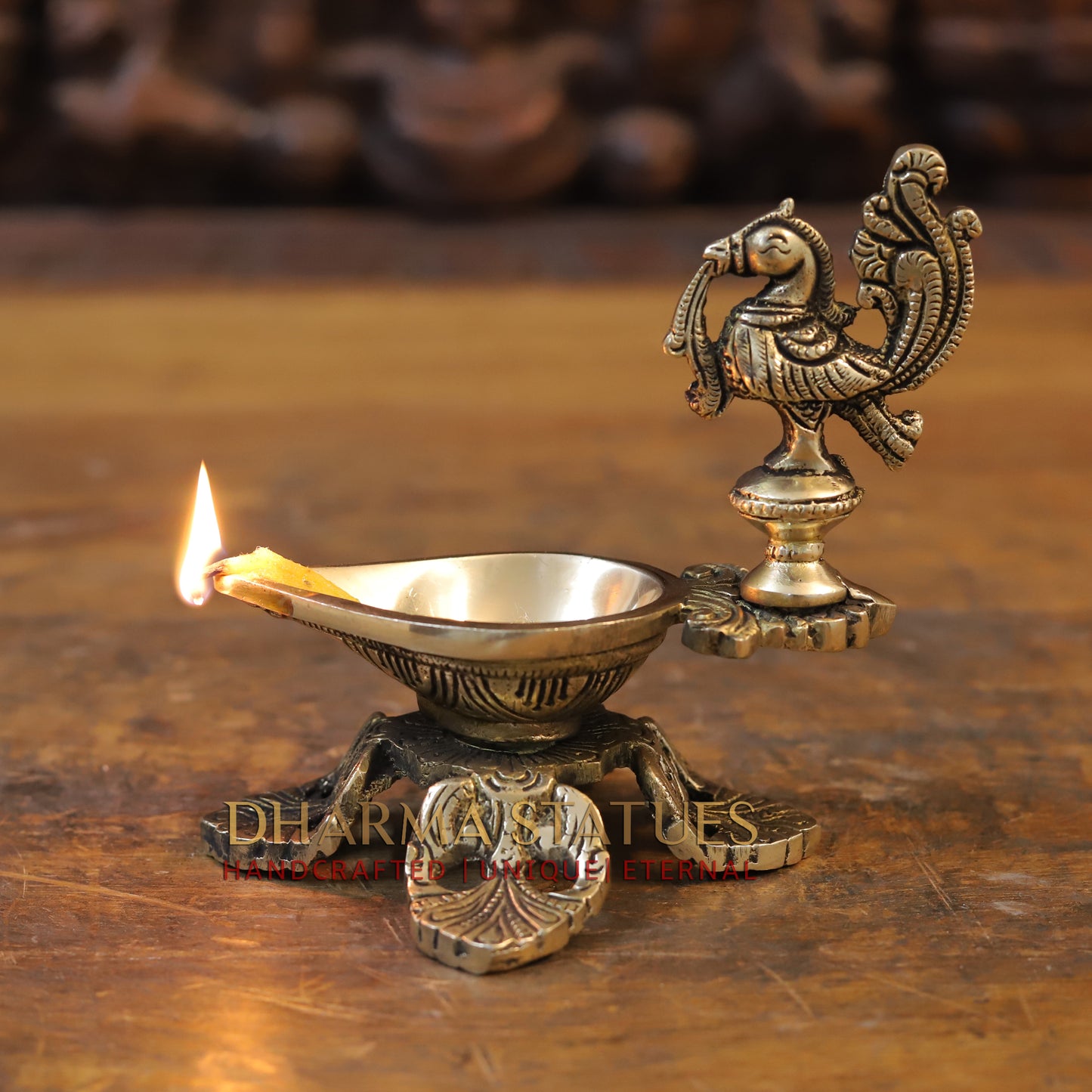 Brass Oil Lamp with Peacock, Golden Finish, 5.5"