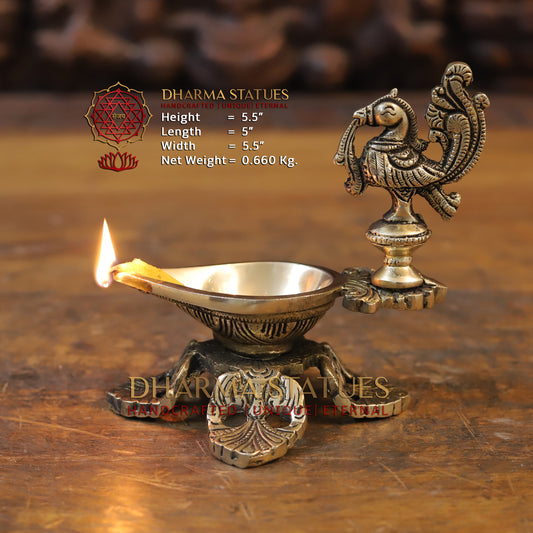 Brass Oil Lamp with Peacock, Golden Finish, 5.5"