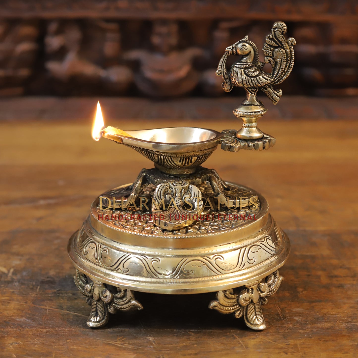 Brass Oil Lamp with Peacock, Golden Finish, 5.5"
