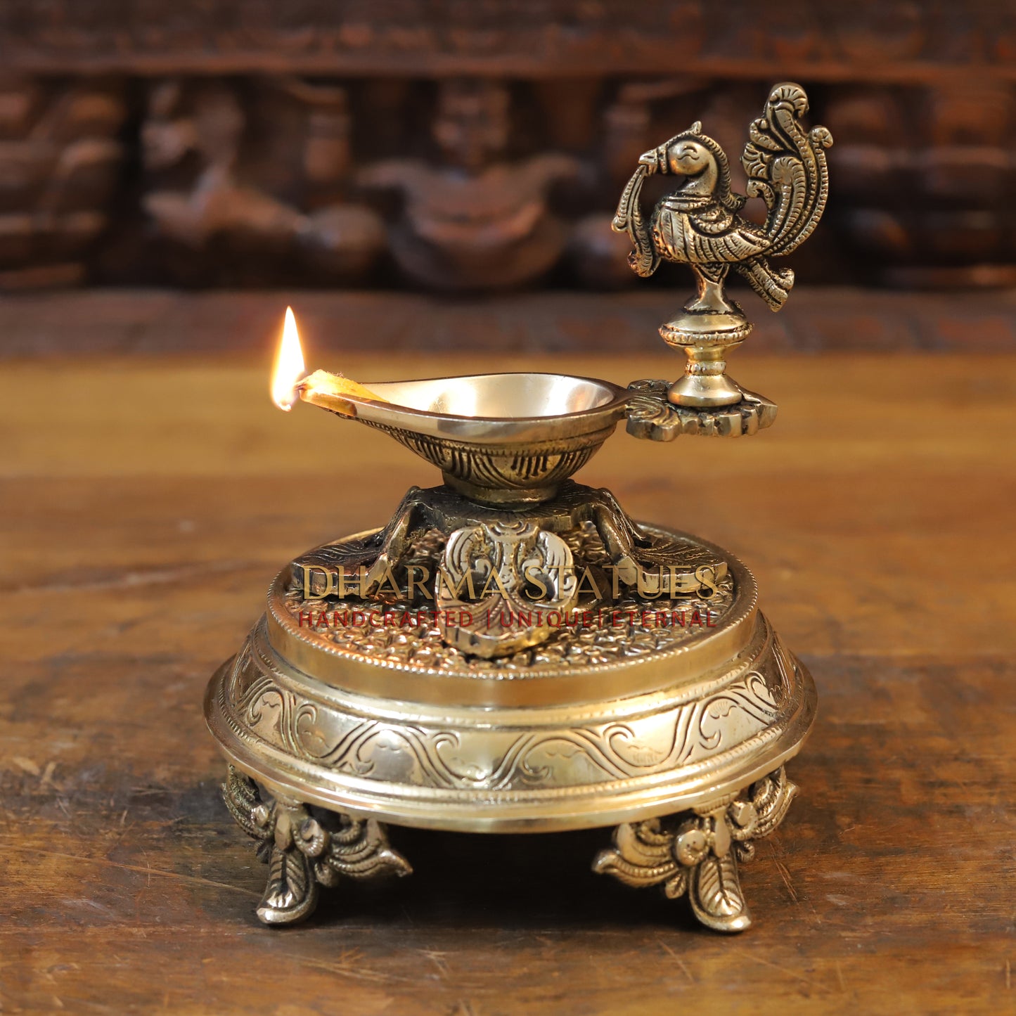 Brass Oil Lamp with Peacock, Golden Finish, 5.5"