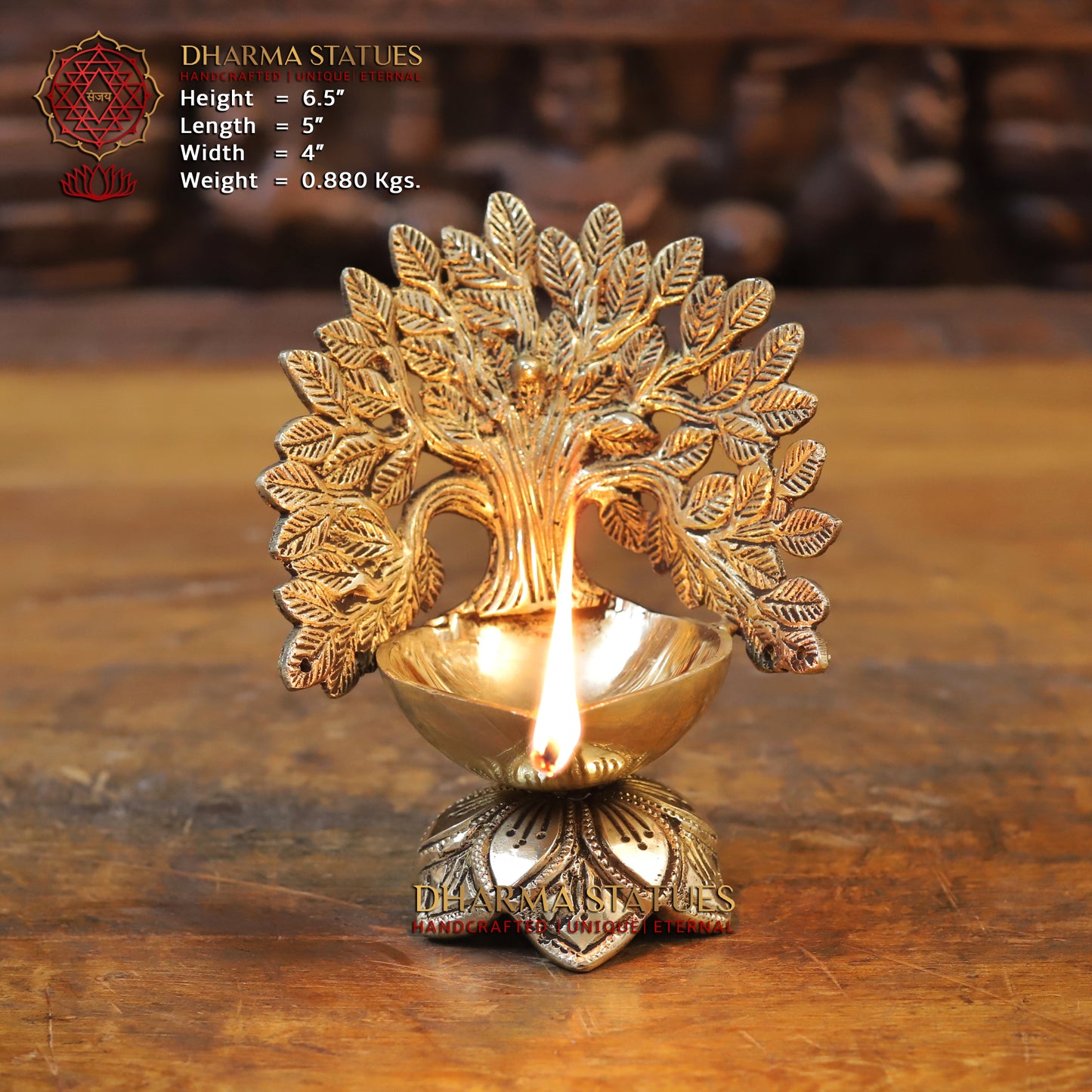 Brass Tree With Diya, Golden Finish, 6.5"