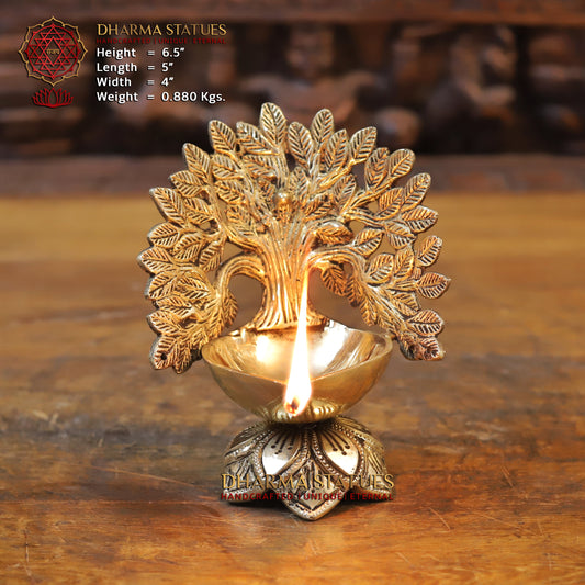 Brass Tree With Diya, Golden Finish, 6.5"