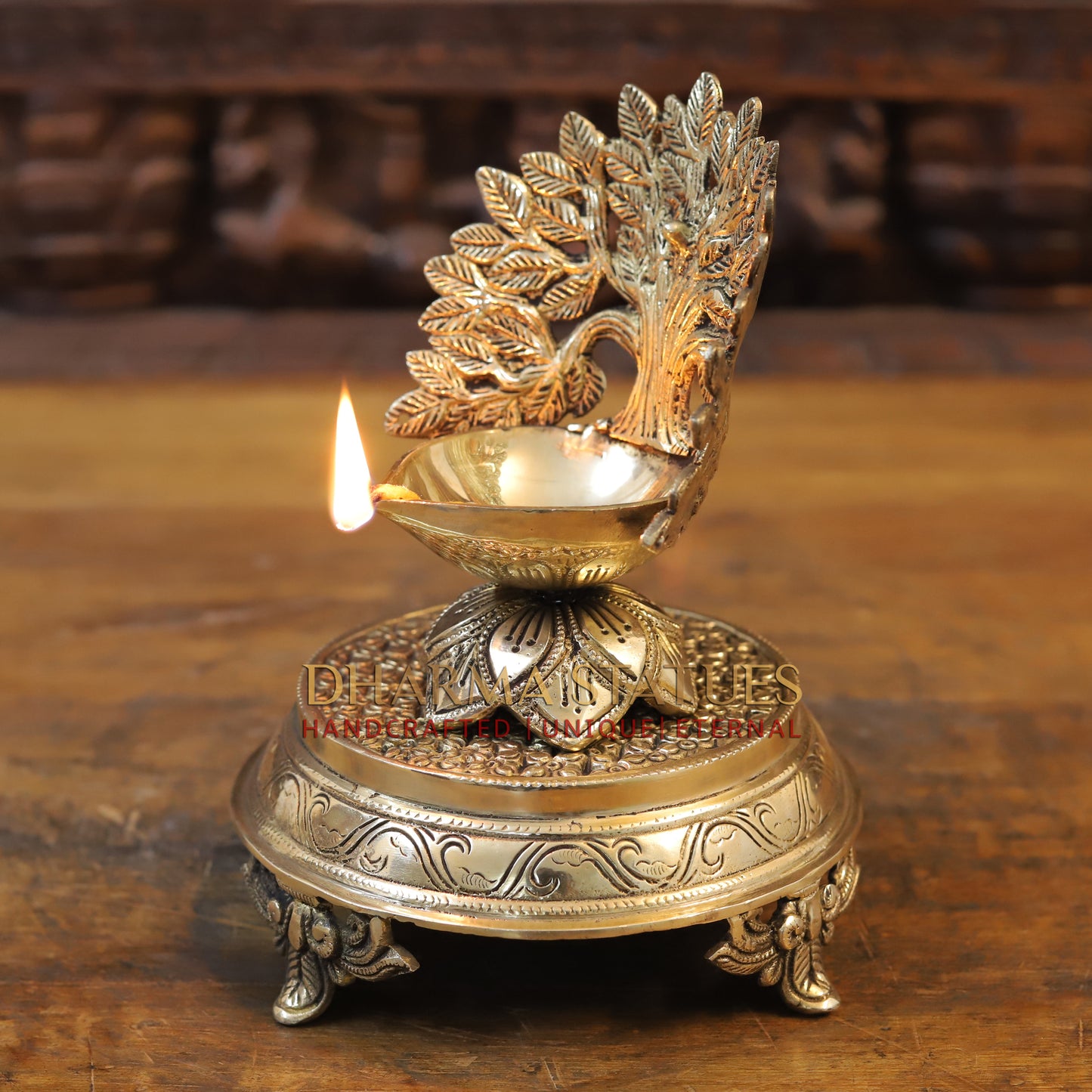 Brass Tree With Diya, Golden Finish, 6.5"