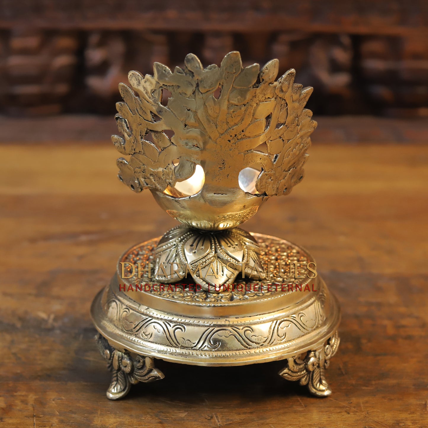 Brass Tree With Diya, Golden Finish, 6.5"