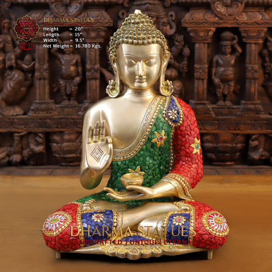Brass Buddha seated in Blessing Posture, Stonework & Golden Finish, 20"