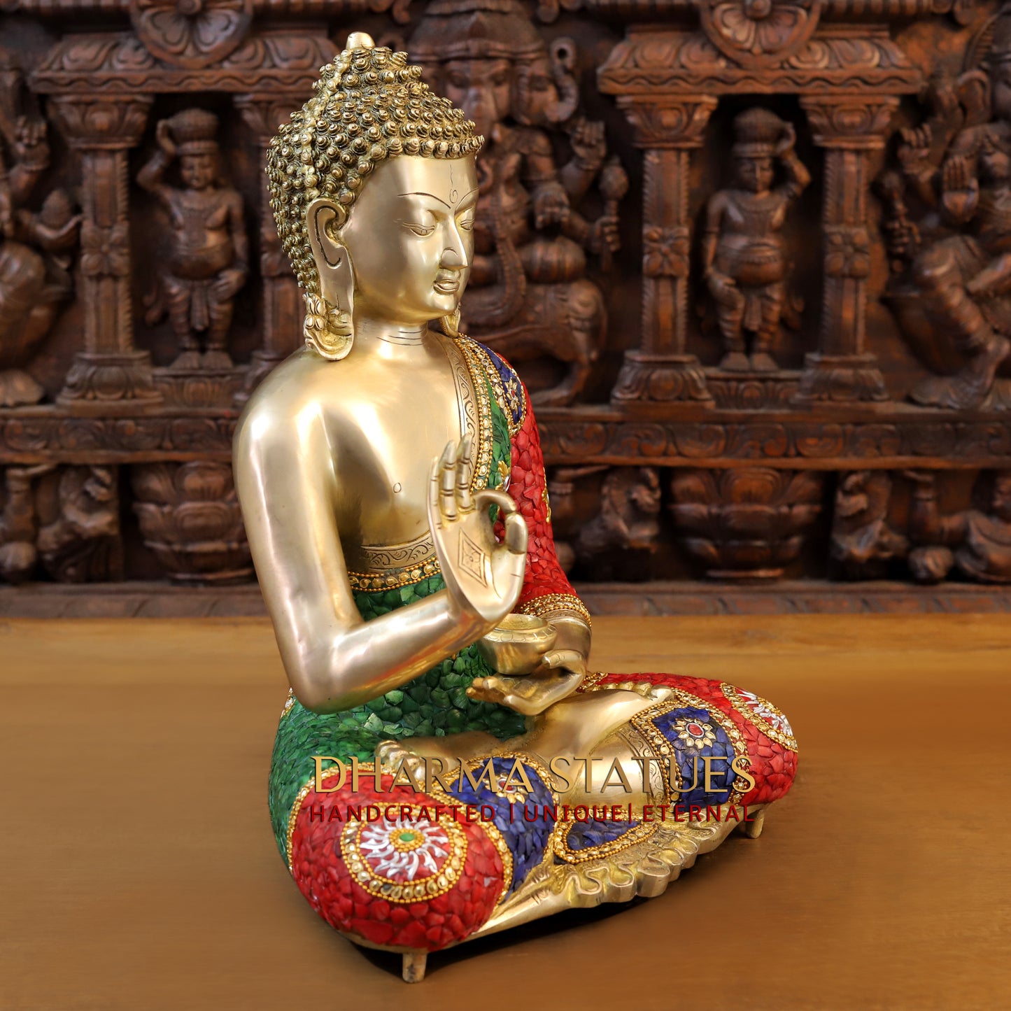 Brass Buddha seated in Blessing Posture, Stonework & Golden Finish, 20"